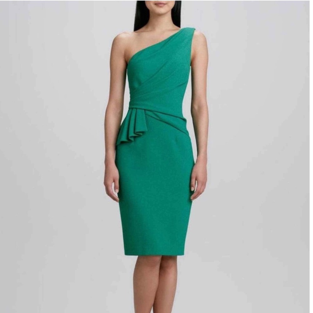 David‎ Meister Dress One Shoulder Draped Ruffle Green 10 Cocktail Wedding Guest